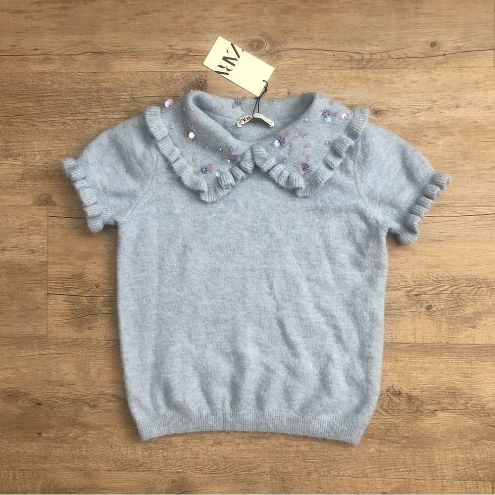 Zara Light Blue Ruffled Collar Top - Picture 3 of 11